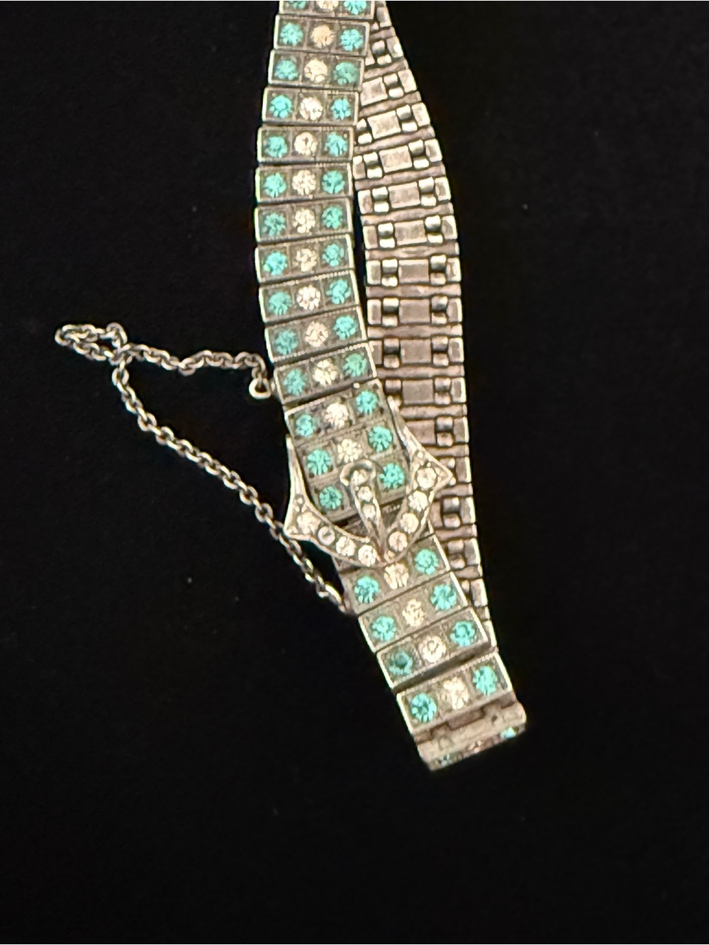 Antique Art Deco Circa 1920s Sterling and Turquoise Rhinestone Buckle Bracelet